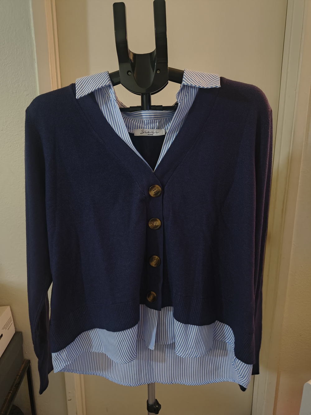 Sioni Navy Layered V-Neck Sweater Top with Stripe Hem
